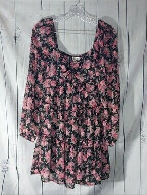 Francesca's Elena Black Floral Boho Sweetheart Tiered Long Sleeve Mini Dress